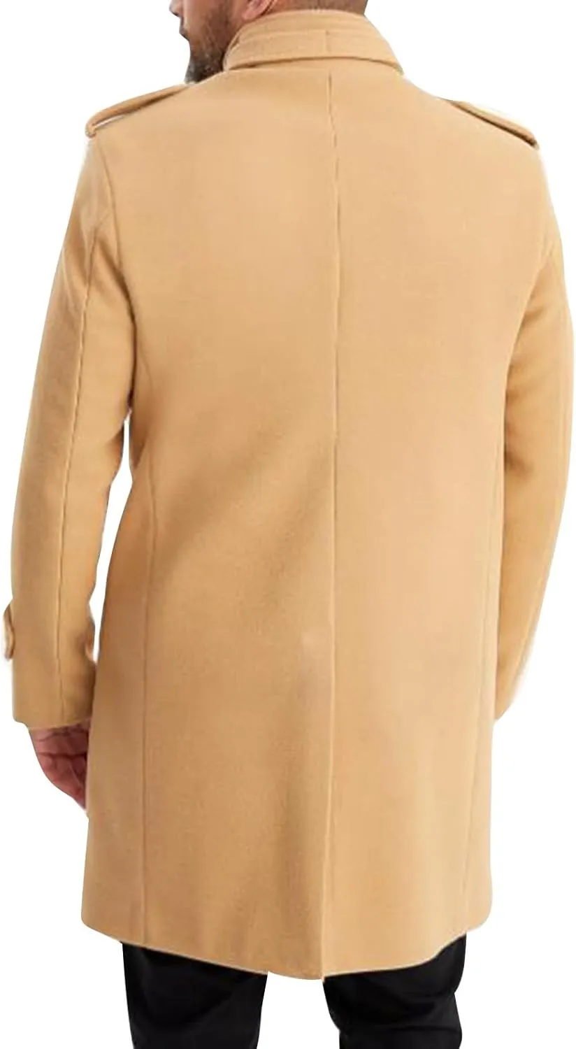 Trench Coat Men Wool Blend Double Breasted Notched Lapel Slim Fit Mid Long Windbreaker Causal Business Overcoat