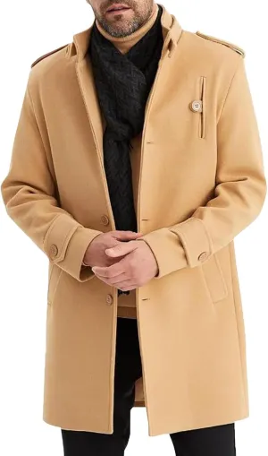Trench Coat Men Wool Blend Double Breasted Notched Lapel Slim Fit Mid Long Windbreaker Causal Business Overcoat