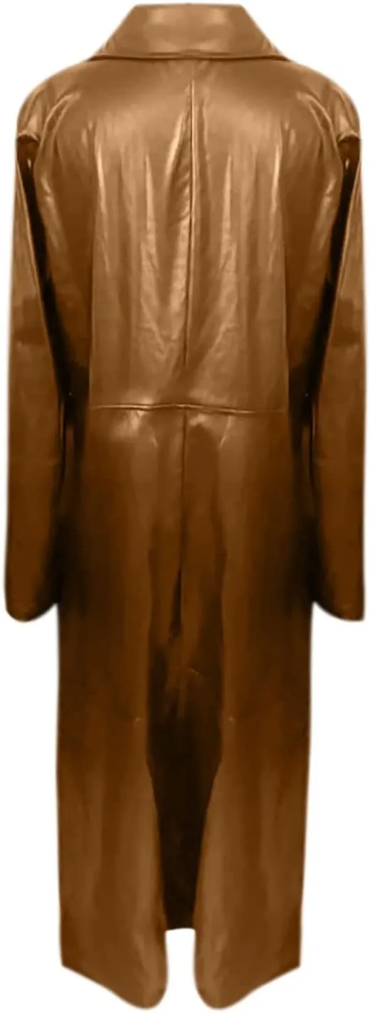 tuduoms Long Faux Leather Trench Coat for Women Button Down Ankle Length Maxi PU Jackets 2022 Ladies Lapel Coat Outwear