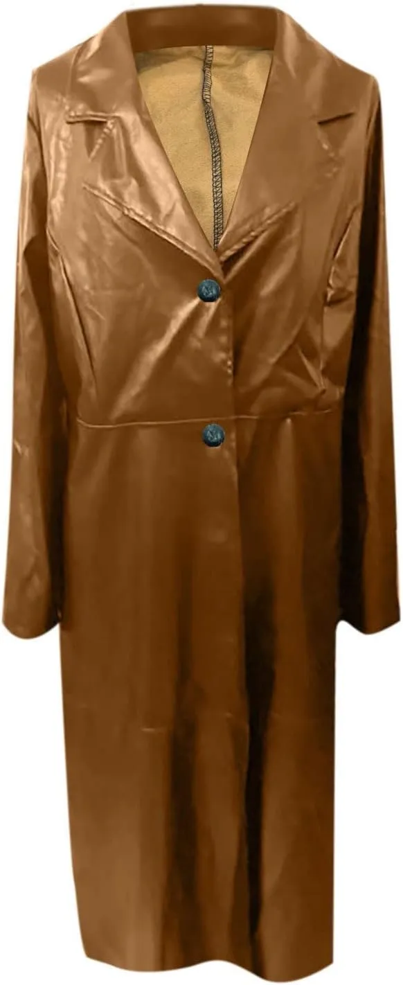 tuduoms Long Faux Leather Trench Coat for Women Button Down Ankle Length Maxi PU Jackets 2022 Ladies Lapel Coat Outwear