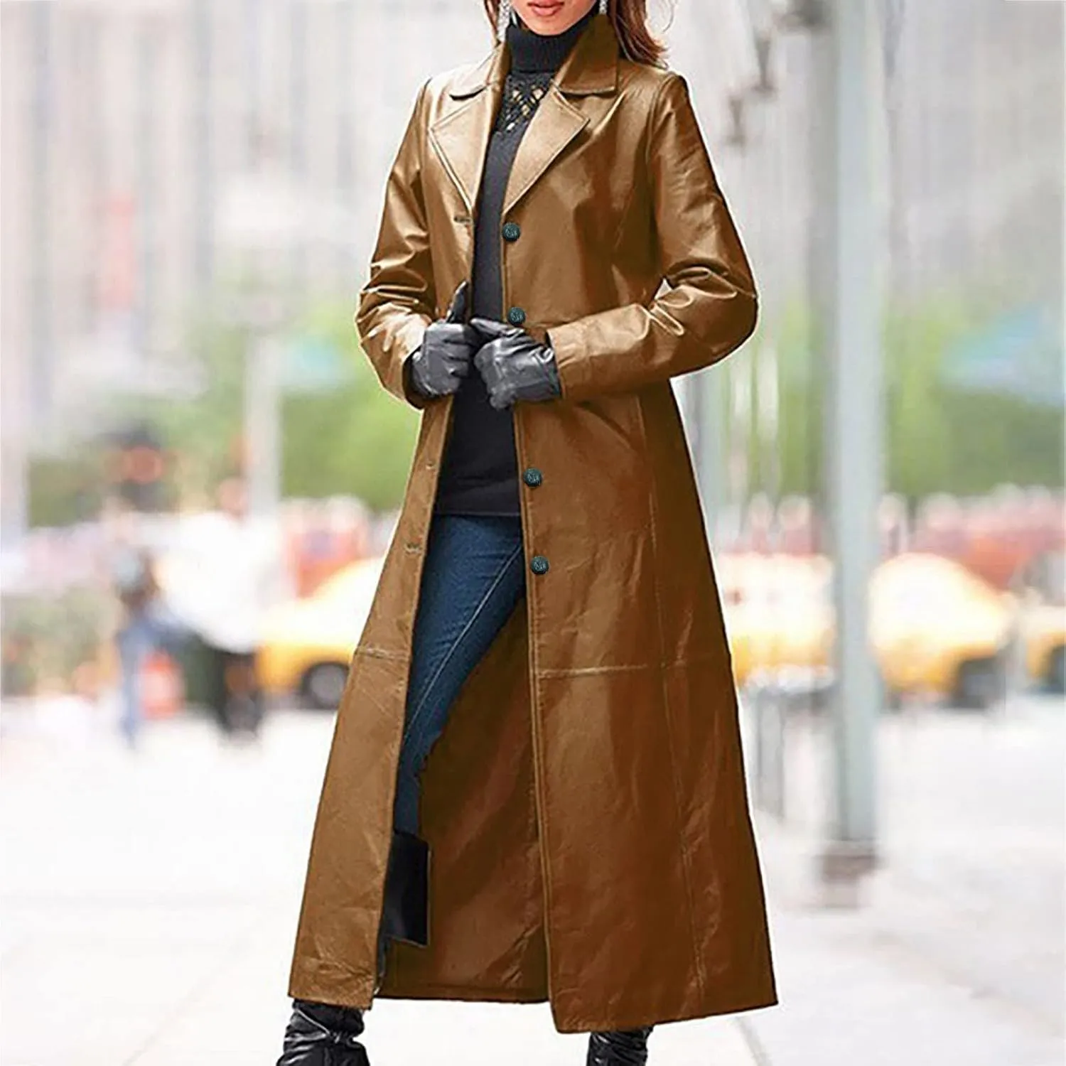 tuduoms Long Faux Leather Trench Coat for Women Button Down Ankle Length Maxi PU Jackets 2022 Ladies Lapel Coat Outwear