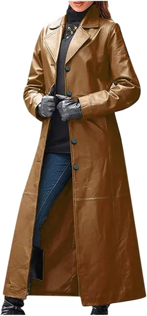 tuduoms Long Faux Leather Trench Coat for Women Button Down Ankle Length Maxi PU Jackets 2022 Ladies Lapel Coat Outwear