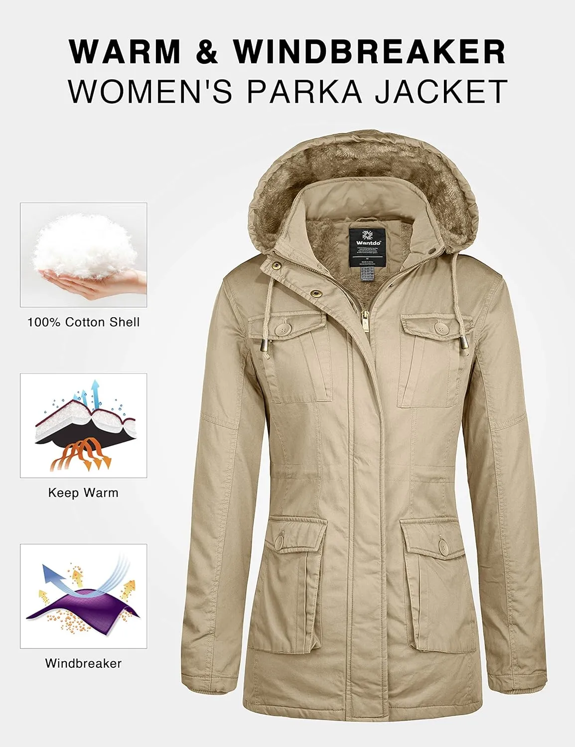 wantdo Women's Winter Parka Coat Sherpa Lined Warm Cotton Jacket with Removable Hood