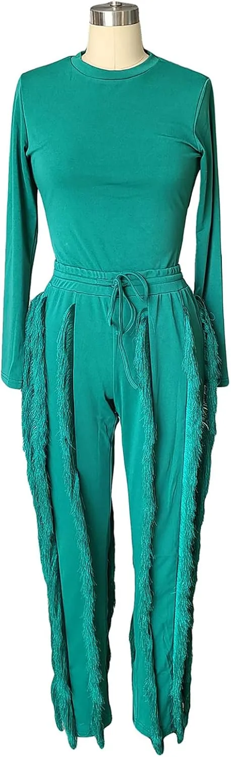 Womens 2 Piece Outfits Long Sleeve Sweatshirt Fringe Tassel Pants Jumpsuit Set Sweatsuit Clubwear