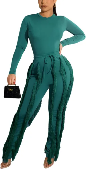 Womens 2 Piece Outfits Long Sleeve Sweatshirt Fringe Tassel Pants Jumpsuit Set Sweatsuit Clubwear
