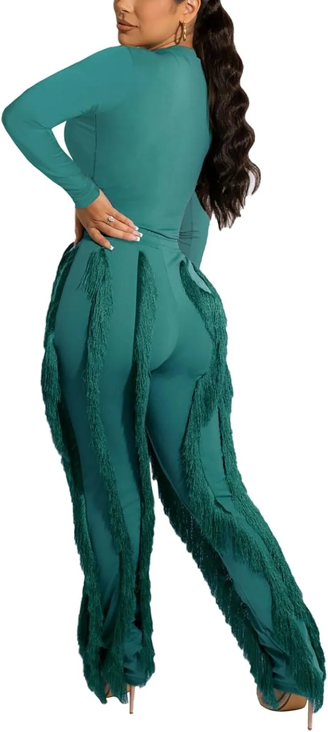 Womens 2 Piece Outfits Long Sleeve Sweatshirt Fringe Tassel Pants Jumpsuit Set Sweatsuit Clubwear