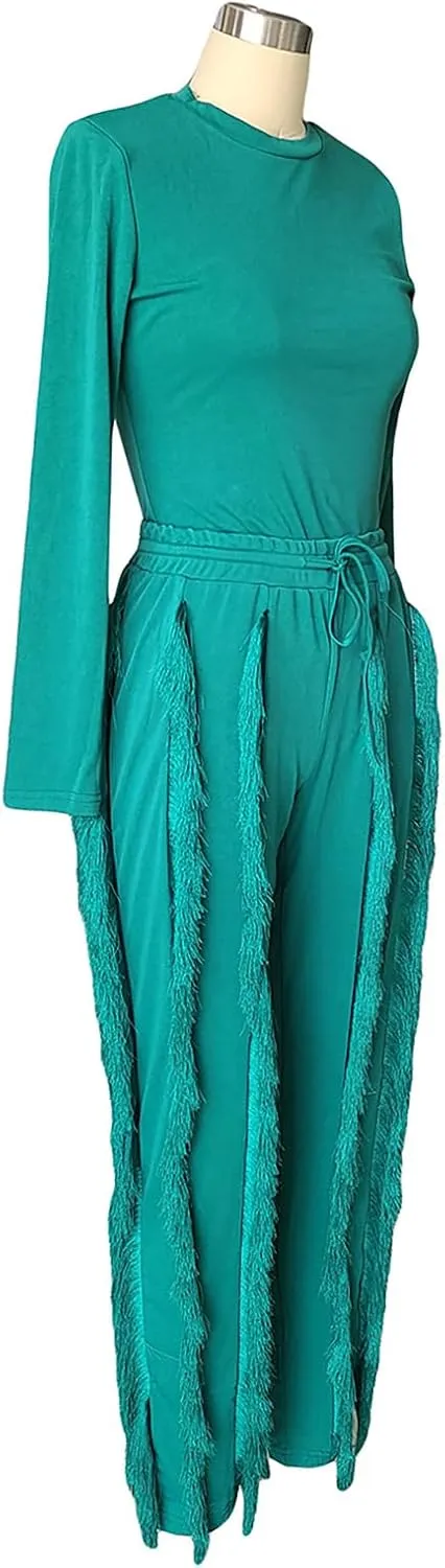 Womens 2 Piece Outfits Long Sleeve Sweatshirt Fringe Tassel Pants Jumpsuit Set Sweatsuit Clubwear