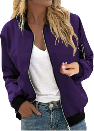 Women's Bomber Jacket 2024 Casual Fall Coats Fashion Zip Up Long Sleeve Outerwear Windbreaker with Pockets, Large