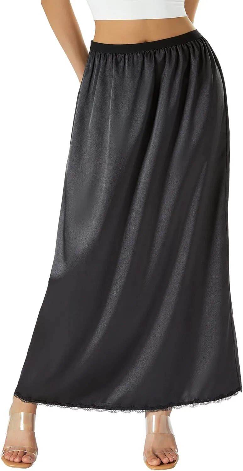 Women's Half Slip for Under Dresses Elastic Waist Satin Long Underskirt for Women with Lace Trim
