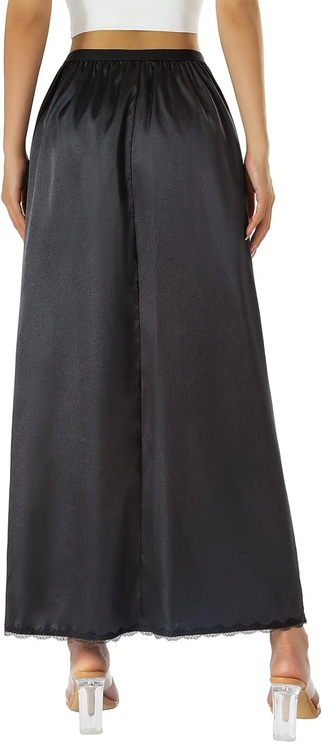 Women's Half Slip for Under Dresses Elastic Waist Satin Long Underskirt for Women with Lace Trim