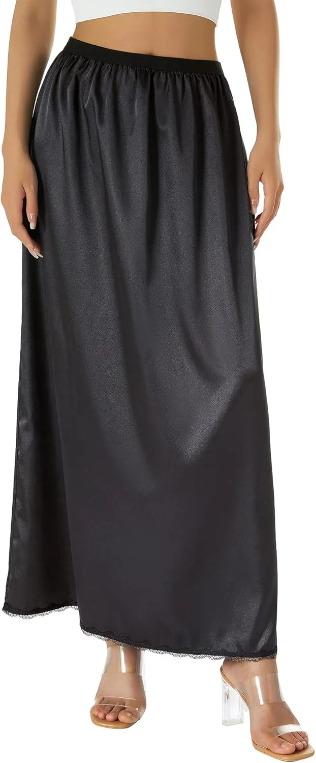 Women's Half Slip for Under Dresses Elastic Waist Satin Long Underskirt for Women with Lace Trim