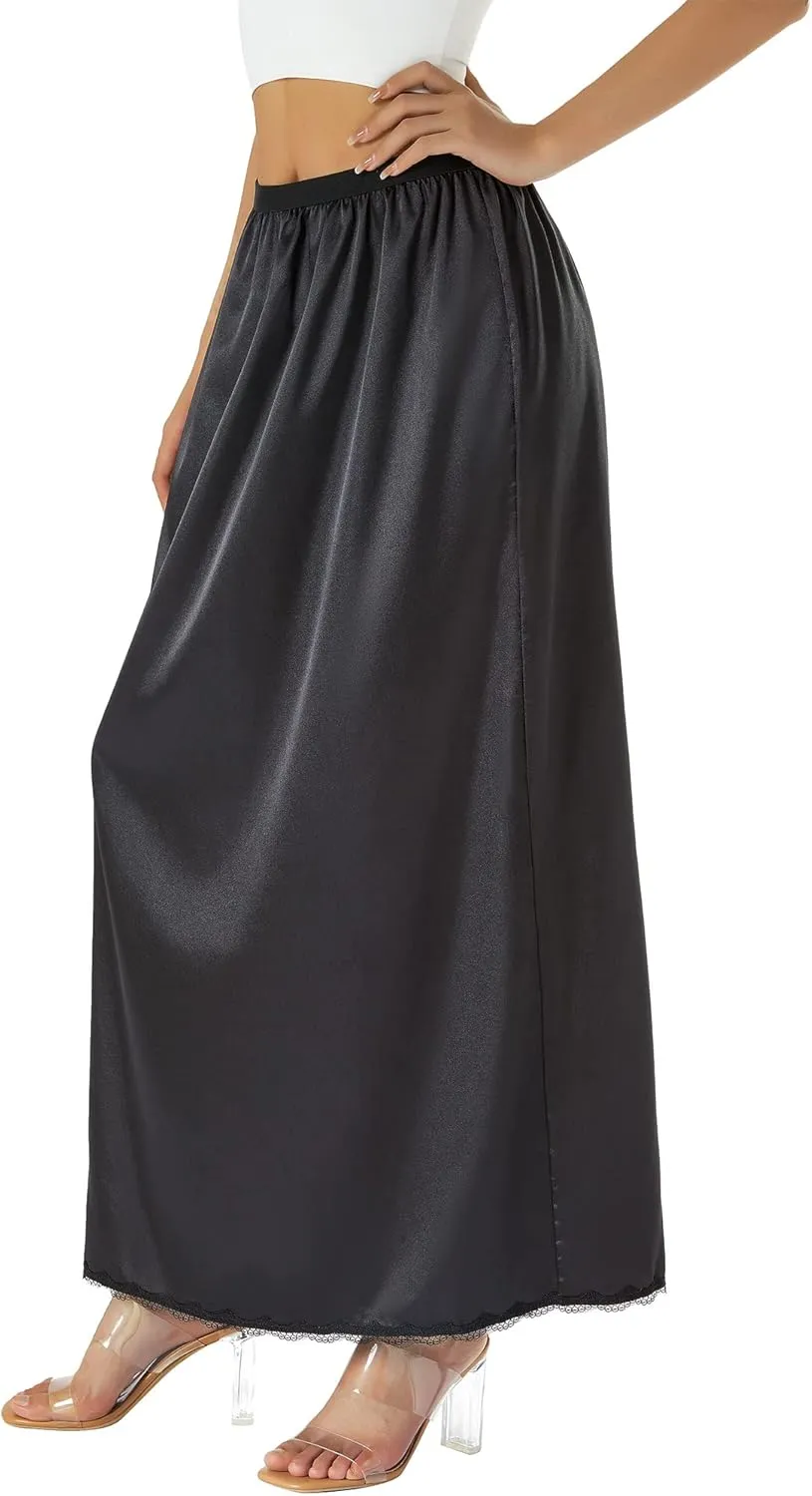 Women's Half Slip for Under Dresses Elastic Waist Satin Long Underskirt for Women with Lace Trim