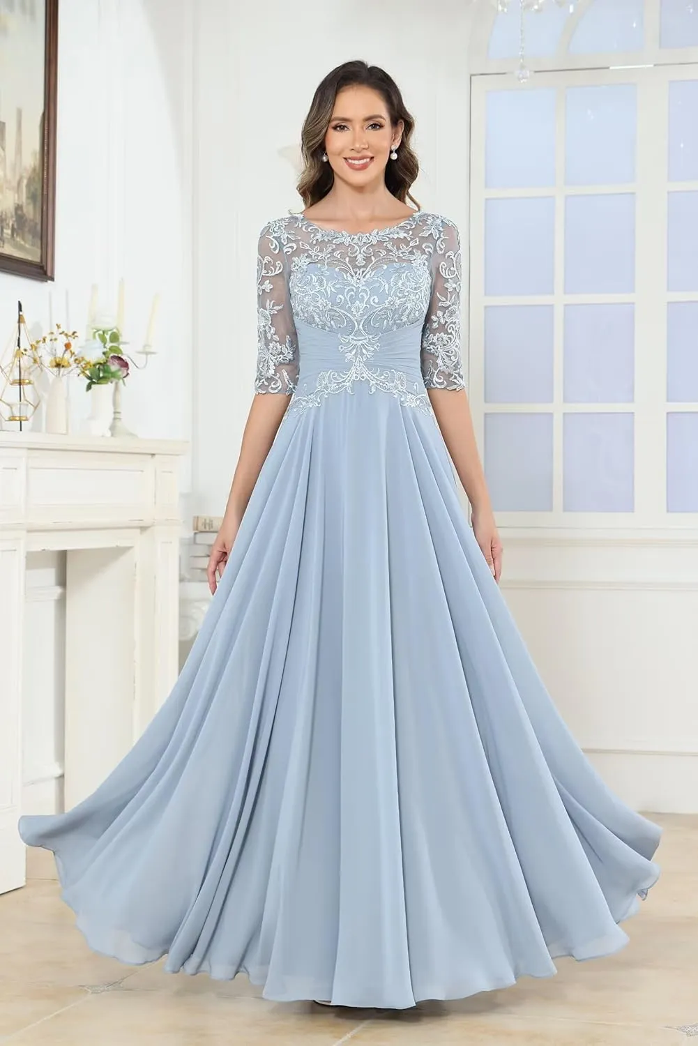 Women's Lace Applique Mother of The Bride Dresses Scoop Neck A-Line Chiffon Formal Dresses for Wedding