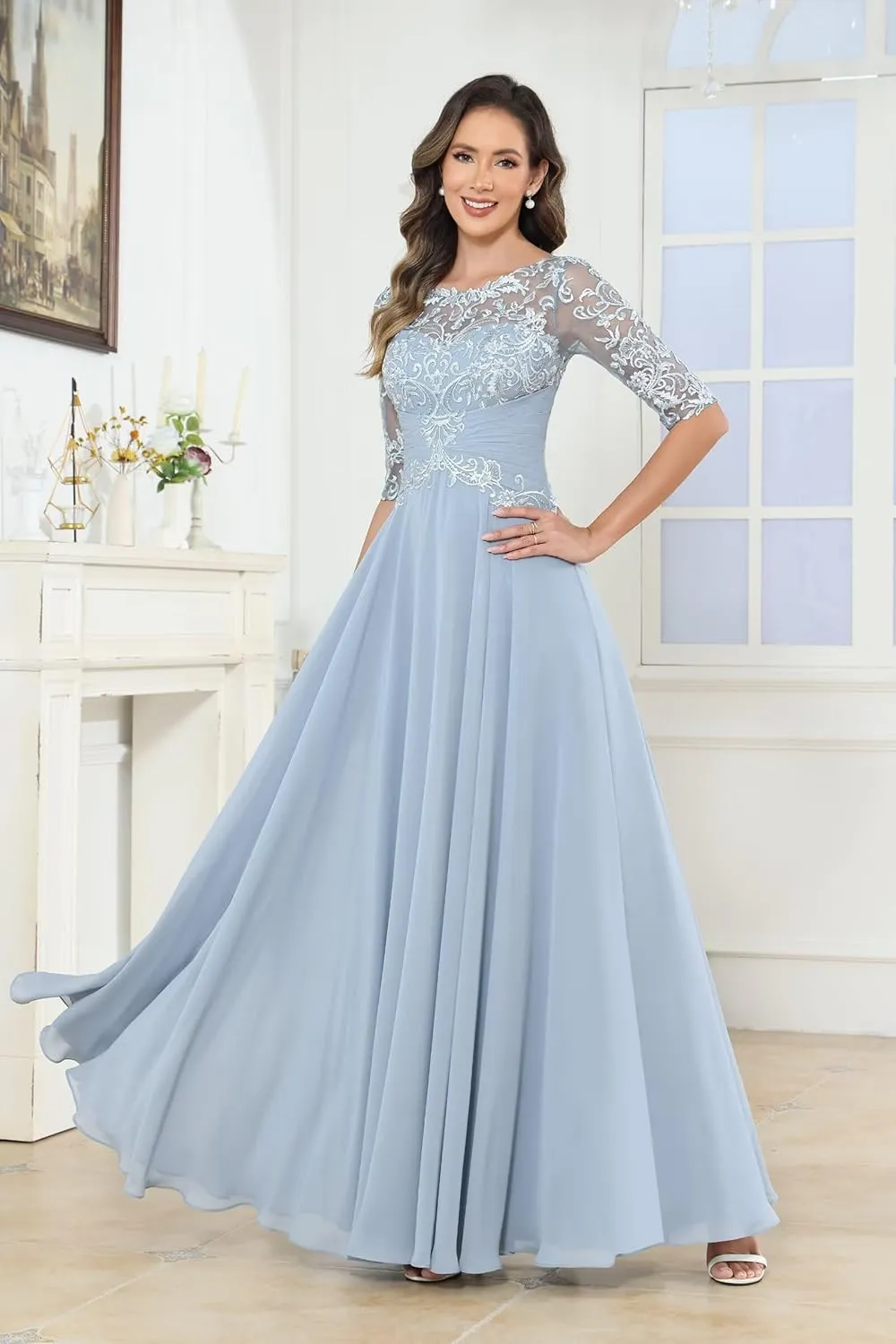 Women's Lace Applique Mother of The Bride Dresses Scoop Neck A-Line Chiffon Formal Dresses for Wedding