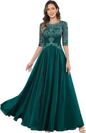 Women's Lace Applique Mother of The Bride Dresses Scoop Neck A-Line Chiffon Formal Dresses for Wedding