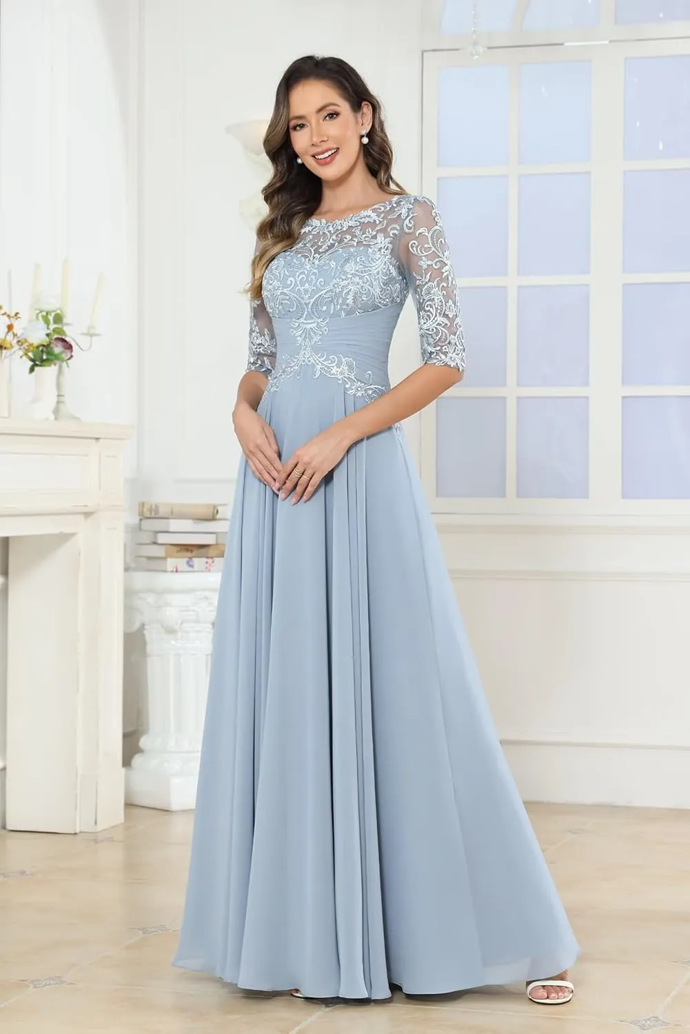 Women's Lace Applique Mother of The Bride Dresses Scoop Neck A-Line Chiffon Formal Dresses for Wedding