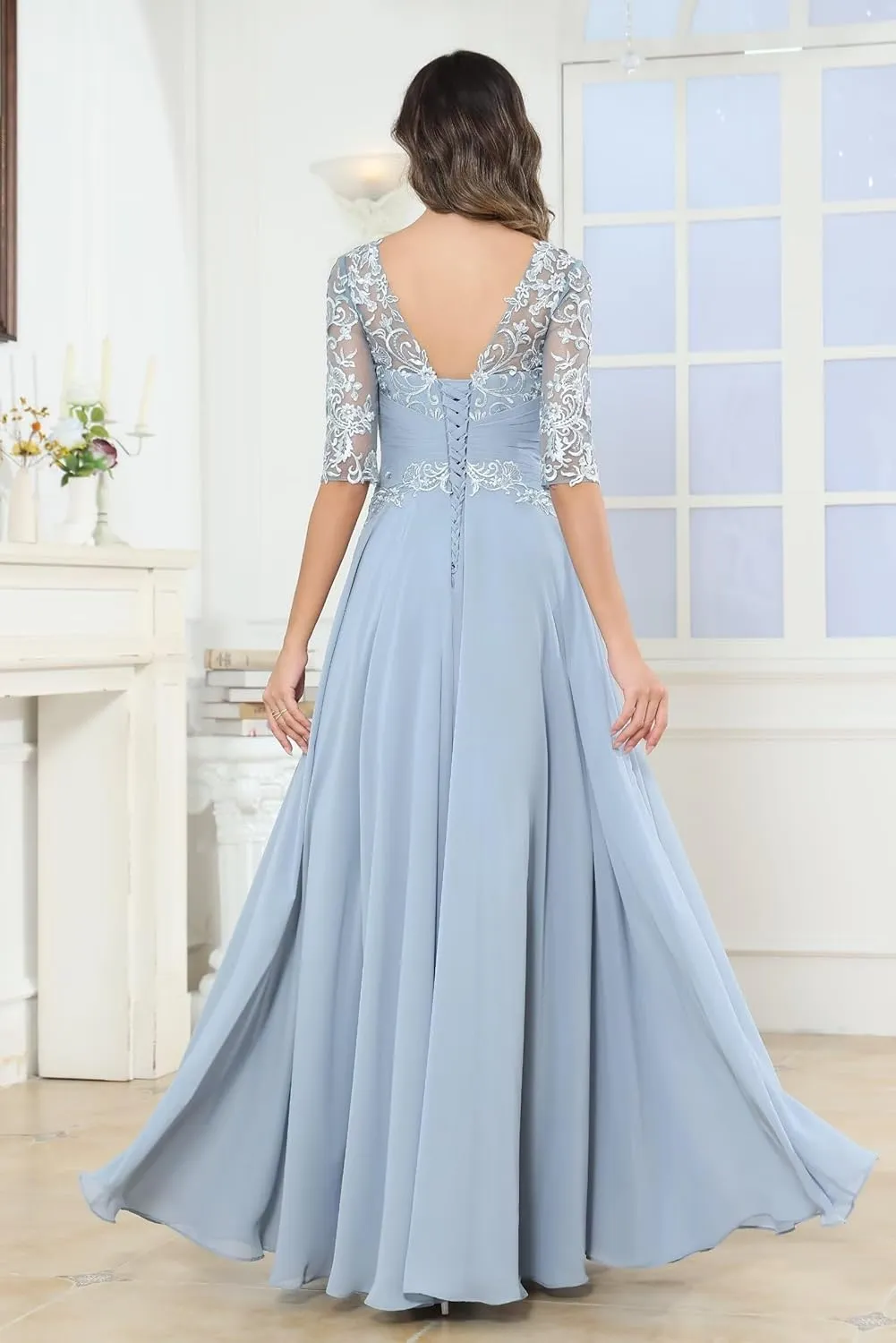 Women's Lace Applique Mother of The Bride Dresses Scoop Neck A-Line Chiffon Formal Dresses for Wedding