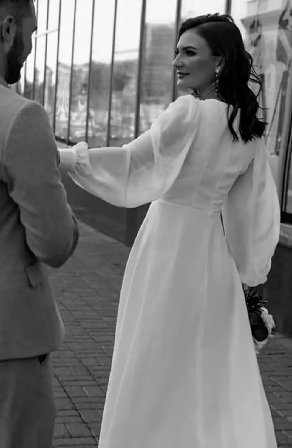 Womens Long Sleeves Tea Length Wedding Dresses for Bride Chiffon V Neck A Line Bridal Gown for Women