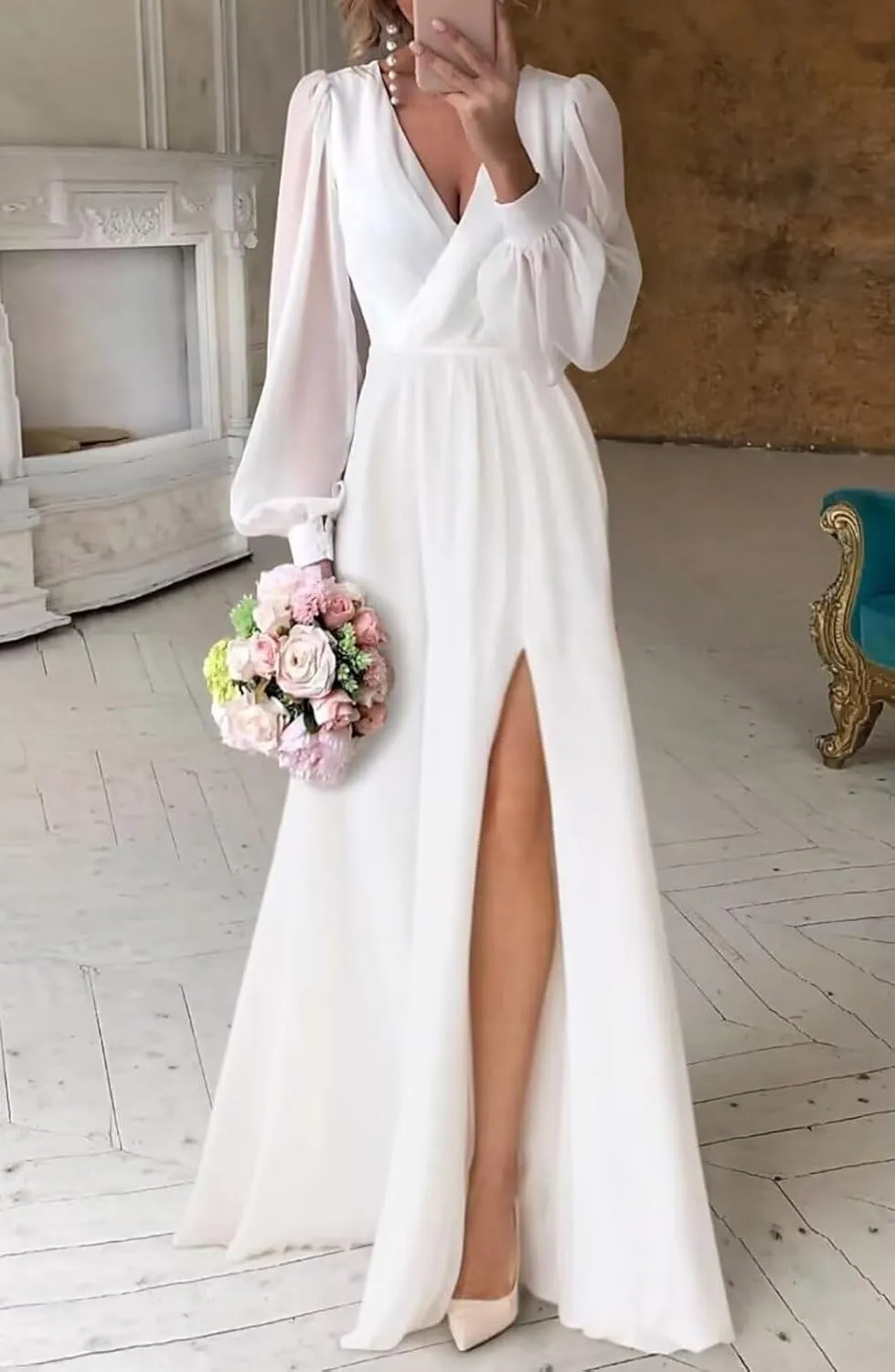 Womens Long Sleeves Tea Length Wedding Dresses for Bride Chiffon V Neck A Line Bridal Gown for Women