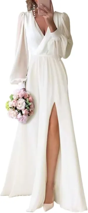 Womens Long Sleeves Tea Length Wedding Dresses for Bride Chiffon V Neck A Line Bridal Gown for Women