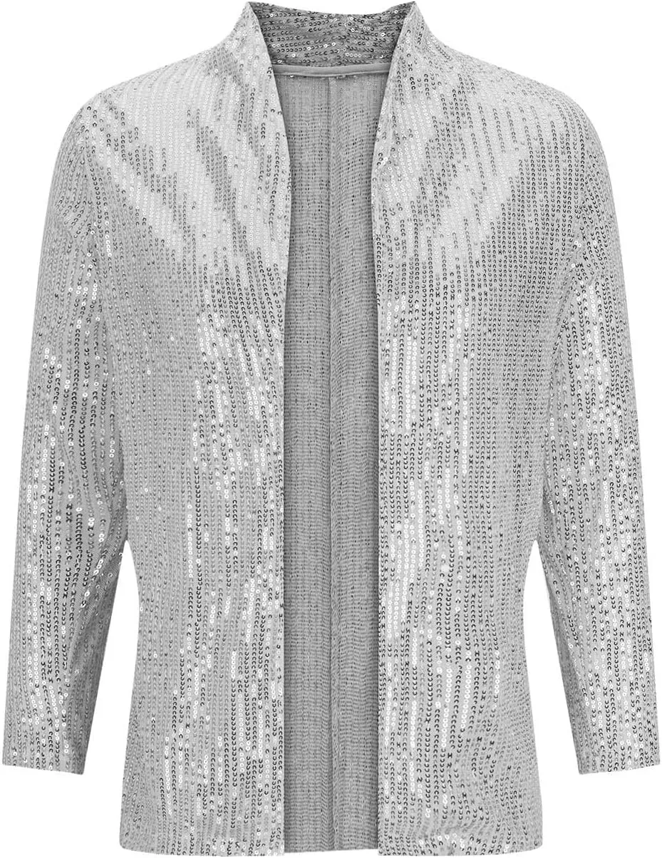 Women's Sequin Jackets Shiny Open Front Blazers Long Sleeve Glitter Sparkly Coats Party Casual Dressy Cardigan