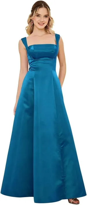 Womens Spaghetti Straps Satin Prom Dresses with Bow A Line Square Neck Maxi Dress Formal Evening Ball Gown