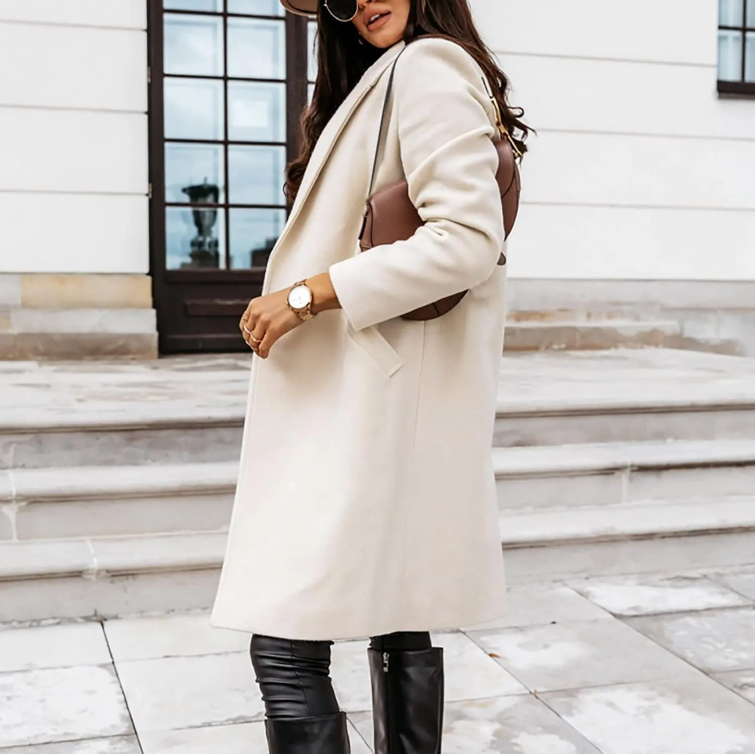 Wool Trench Coat for Women Double Breasted Notched Lapel Peacoat Mid-Long Winter Jackets Overcoats with Pockets