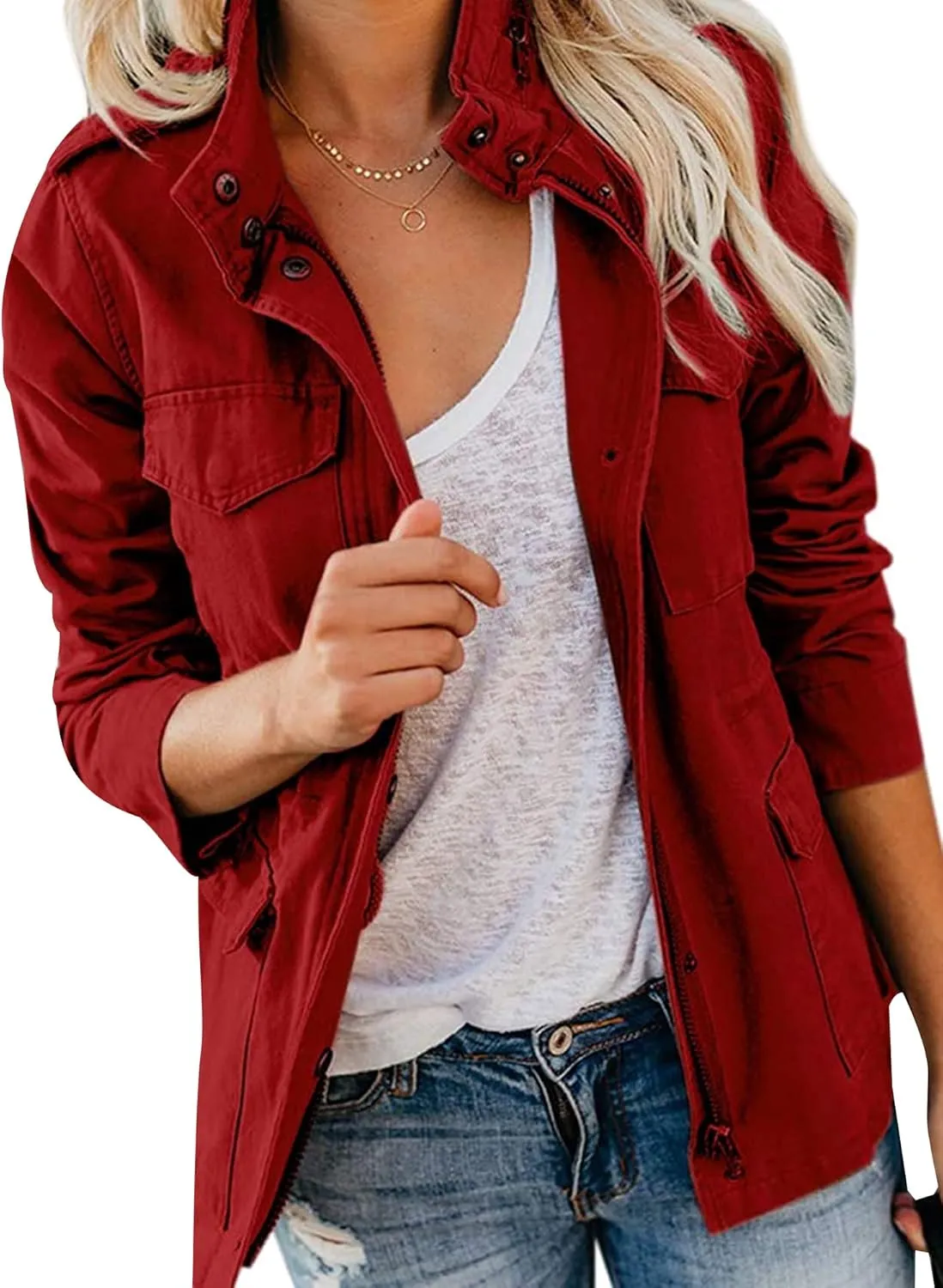 Ytfsrukp Womens Military Jacket Zip Up Lightweight Utility Anorak Jackets with Pockets Slim Trench Military Outwear Coat