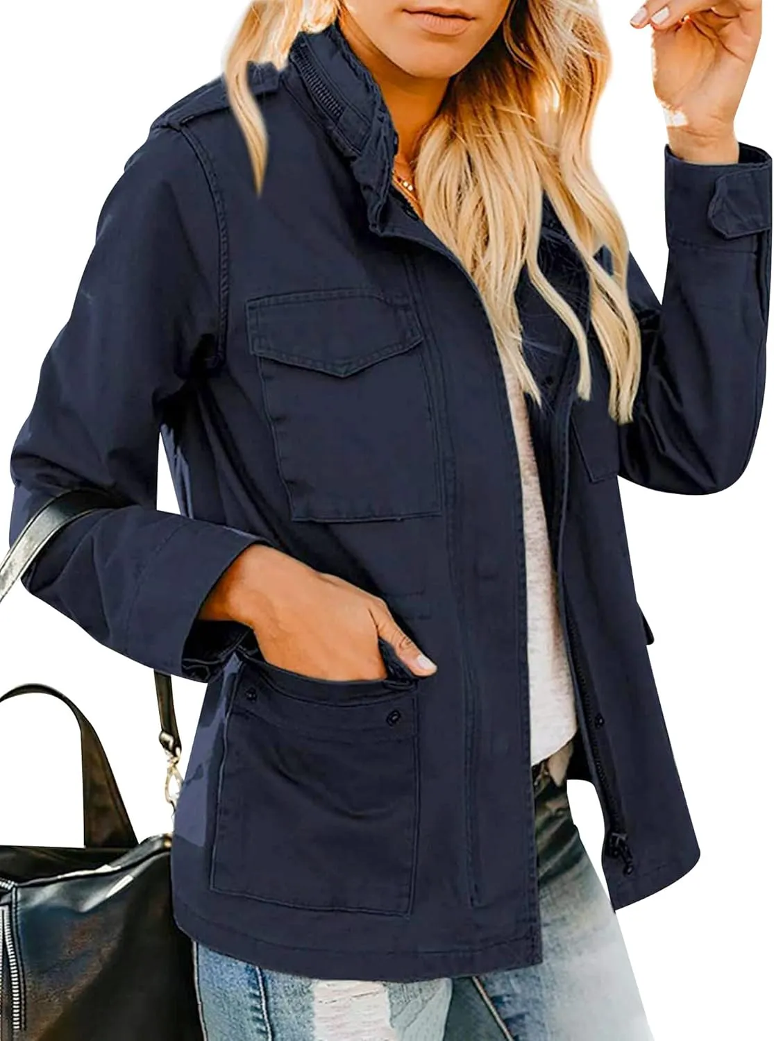 Ytfsrukp Womens Military Jacket Zip Up Lightweight Utility Anorak Jackets with Pockets Slim Trench Military Outwear Coat